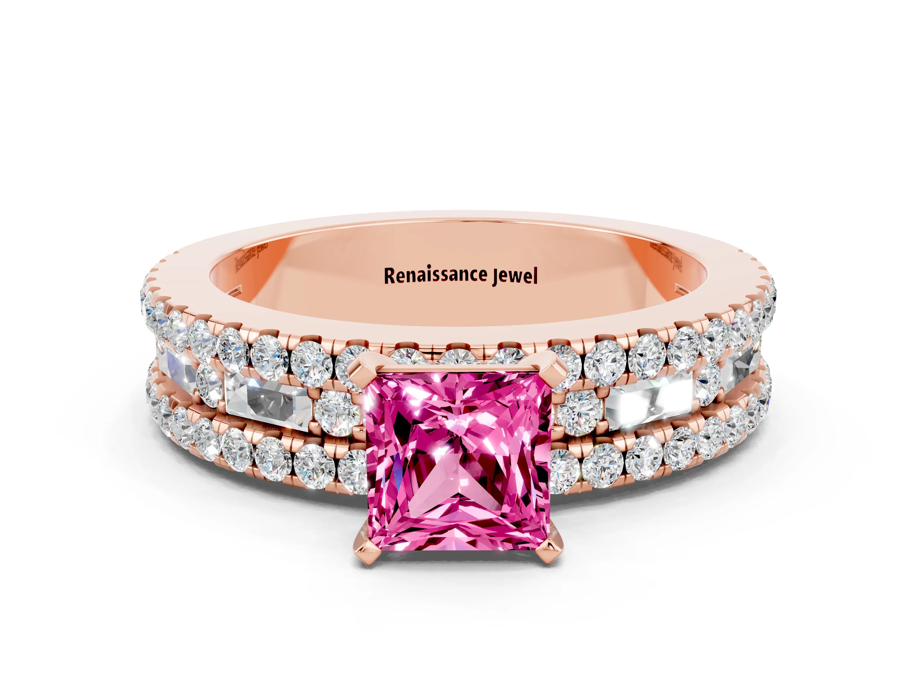 Rose gold Princess Cut Pink Sapphire Solitaire Ring with Pavé and Channel Set Band_24