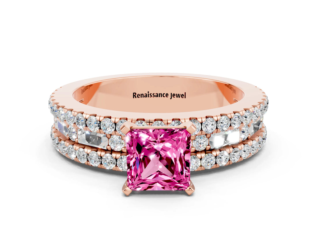 Rose gold Princess Cut Pink Sapphire Solitaire Ring with Pavé and Channel Set Band_24