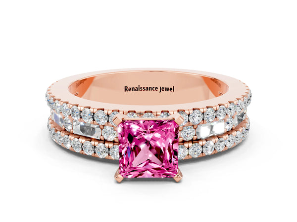 Rose gold Princess Cut Pink Sapphire Solitaire Ring with Pavé and Channel Set Band