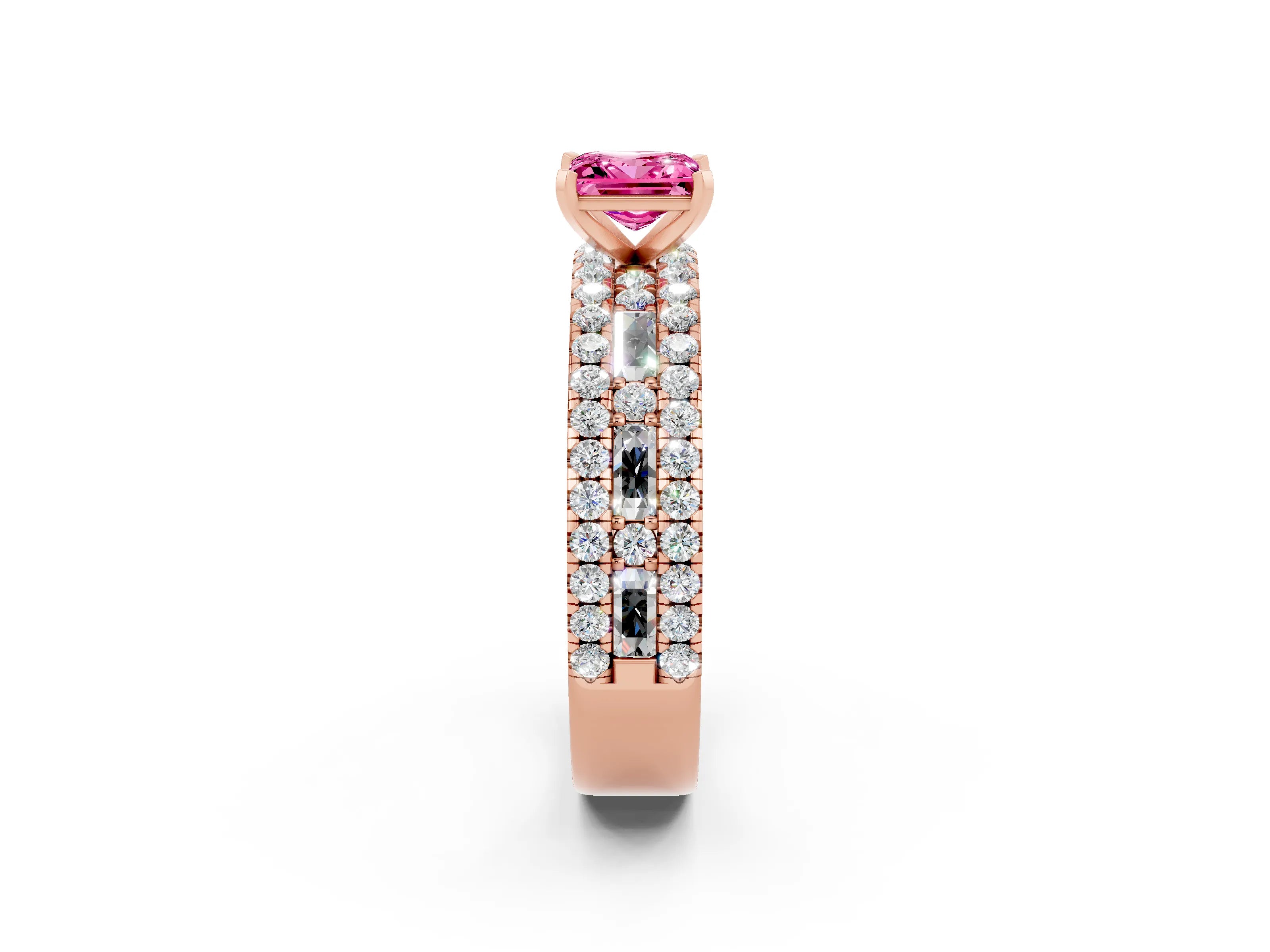 Rose gold Princess Cut Pink Sapphire Solitaire Ring with Pavé and Channel Set Band_26