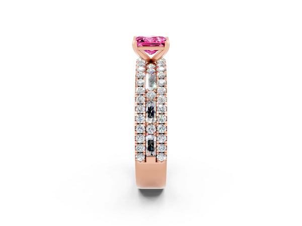 Rose gold Princess Cut Pink Sapphire Solitaire Ring with Pavé and Channel Set Band