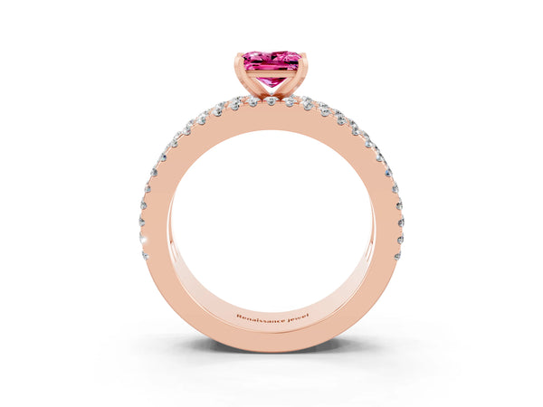 Rose gold Princess Cut Pink Sapphire Solitaire Ring with Pavé and Channel Set Band