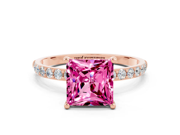 Rose gold Princess Cut Pink Sapphire Solitaire Ring with Round  Pavé Band and Prong Setting