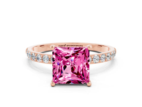 Rose gold Princess Cut Pink Sapphire Solitaire Ring with Pave Band and Four Prong Setting_13