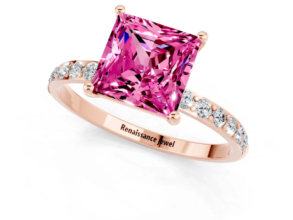 Rose gold Princess Cut Pink Sapphire Solitaire Ring with Round  Pavé Band and Prong Setting