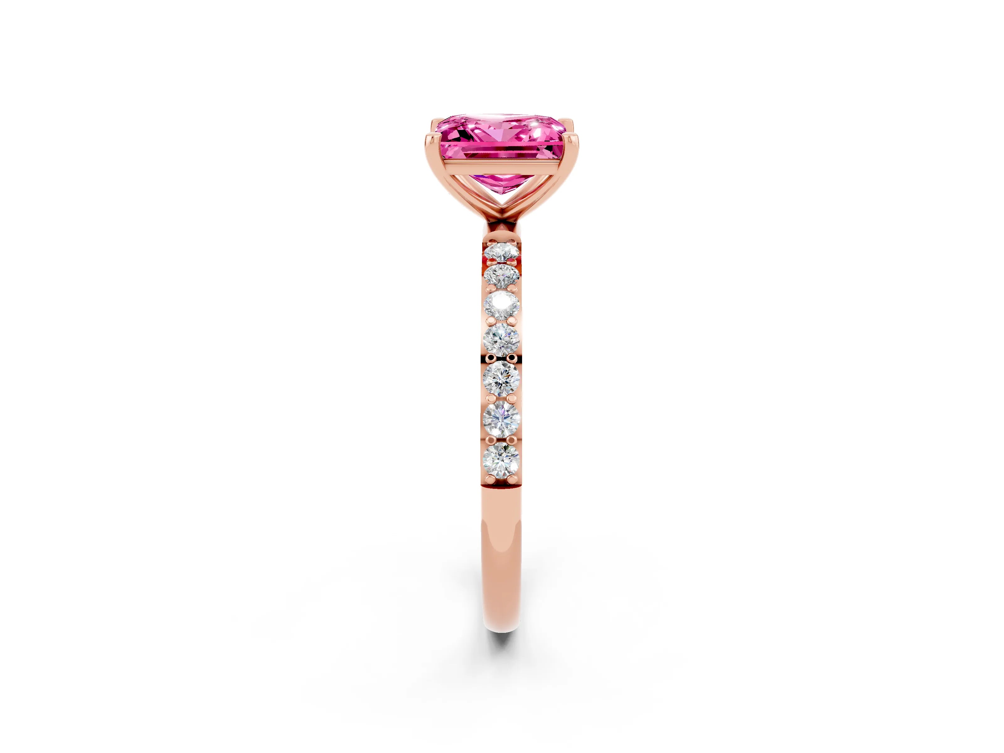 Rose gold Princess Cut Pink Sapphire Solitaire Ring with Pave Band and Four Prong Setting_15