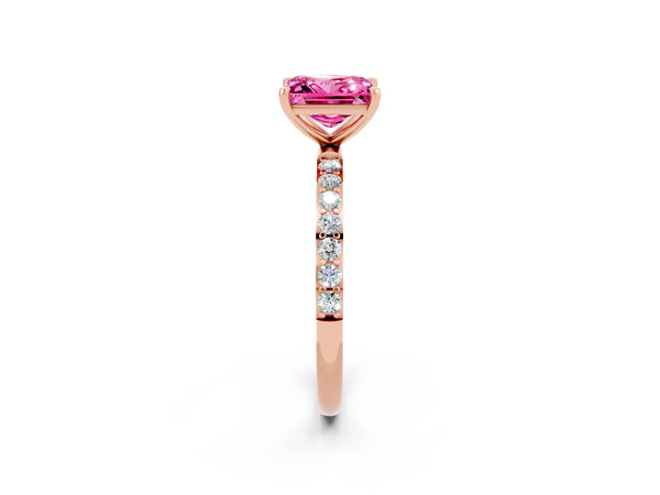 Rose gold Princess Cut Pink Sapphire Solitaire Ring with Round  Pavé Band and Prong Setting