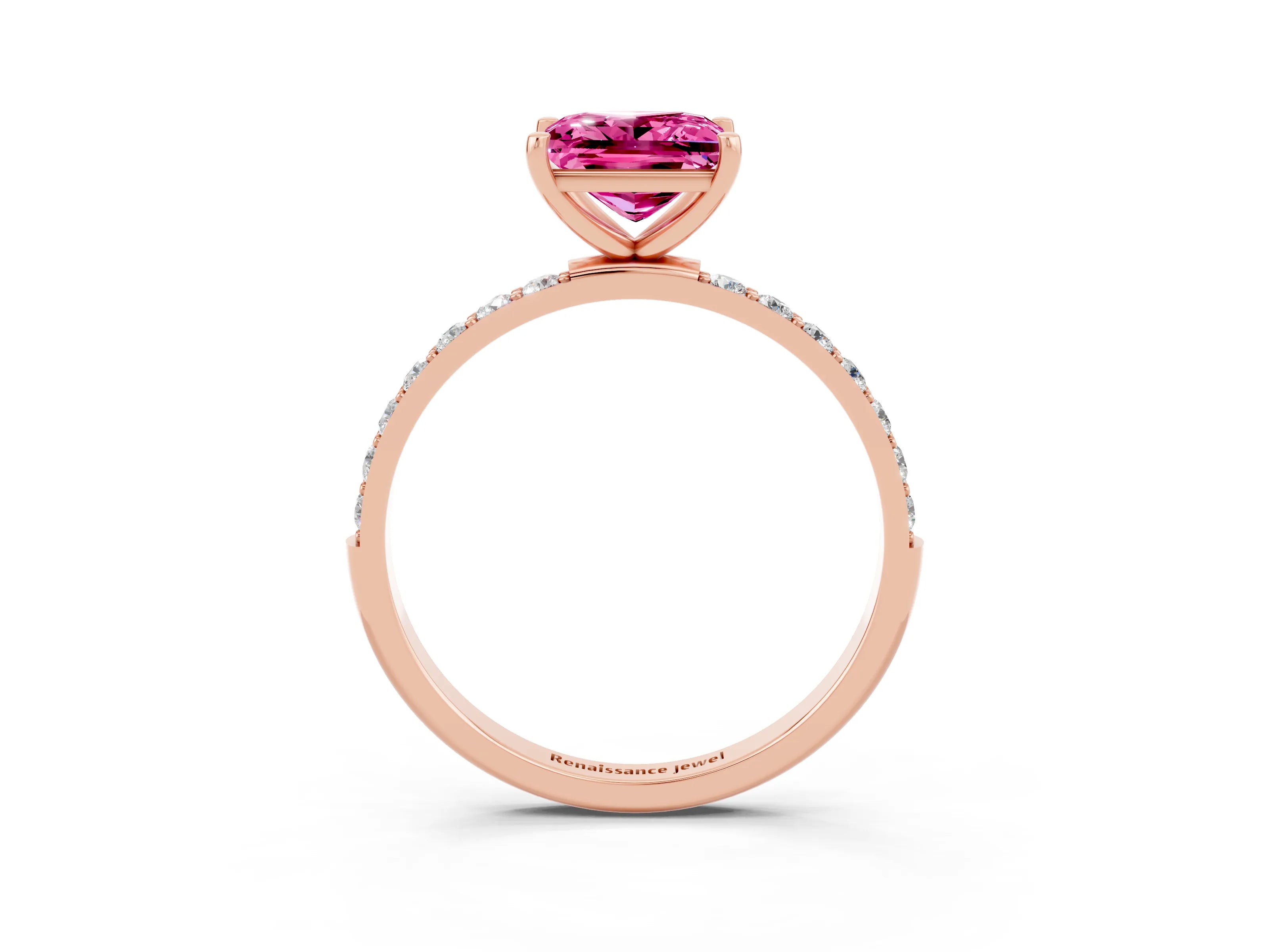 Rose gold Princess Cut Pink Sapphire Solitaire Ring with Pave Band and Four Prong Setting_16