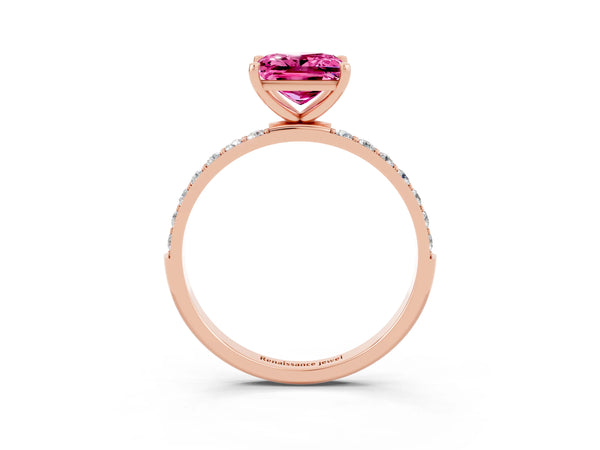 Rose gold Princess Cut Pink Sapphire Solitaire Ring with Round  Pavé Band and Prong Setting