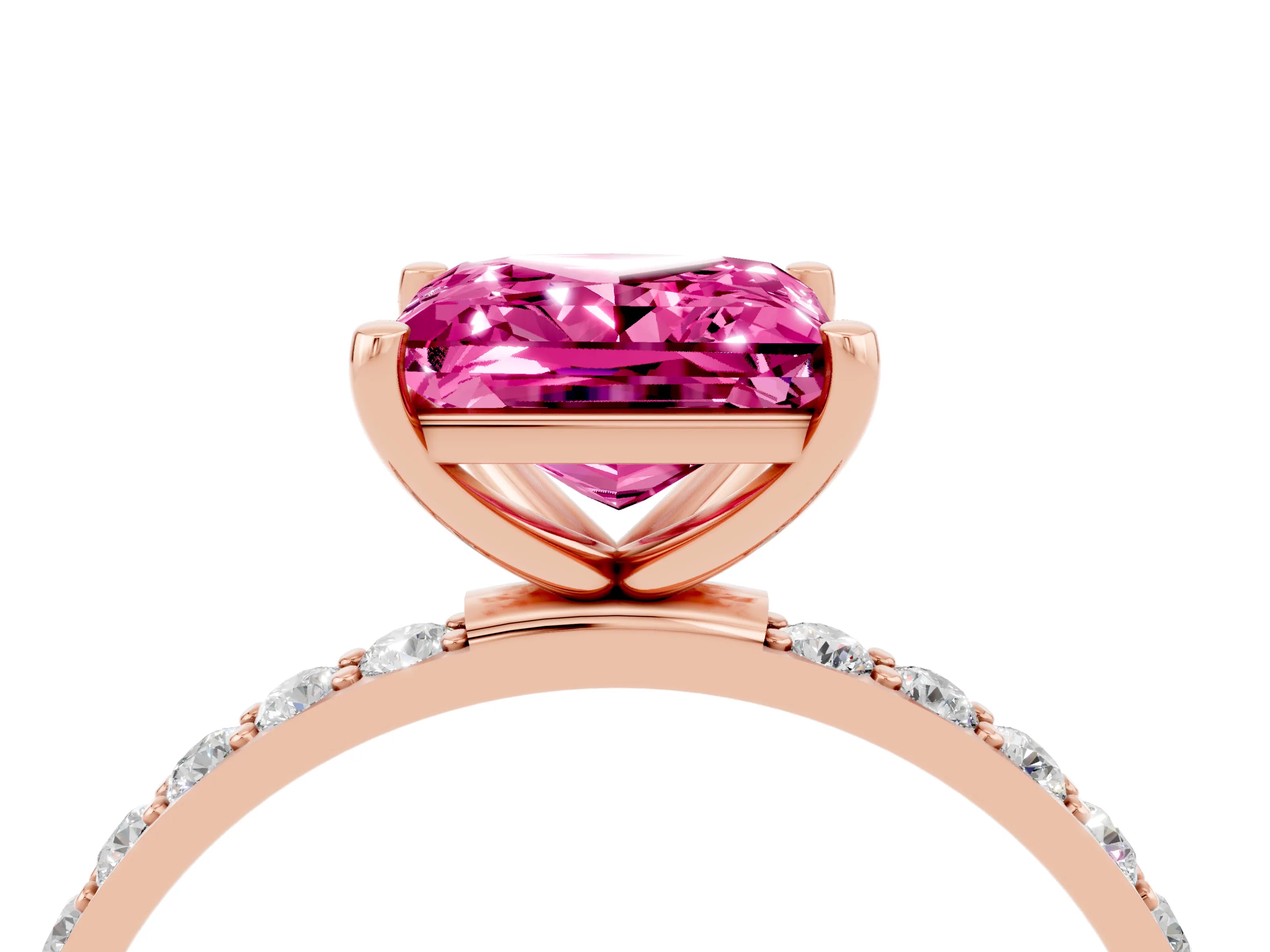 Rose gold Princess Cut Pink Sapphire Solitaire Ring with Pave Band and Four Prong Setting_17