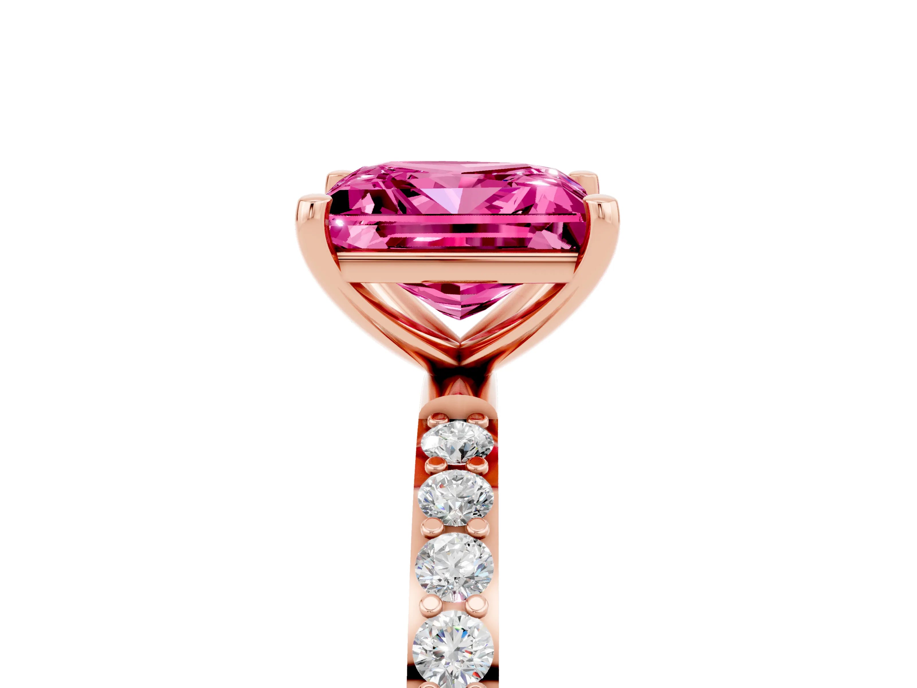 Rose gold Princess Cut Pink Sapphire Solitaire Ring with Pave Band and Four Prong Setting_18