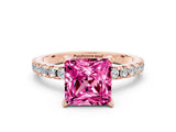 Rose gold Princess Cut Pink Sapphire Solitaire Ring with Round  Pavé Band and Four-Prong Setting_44