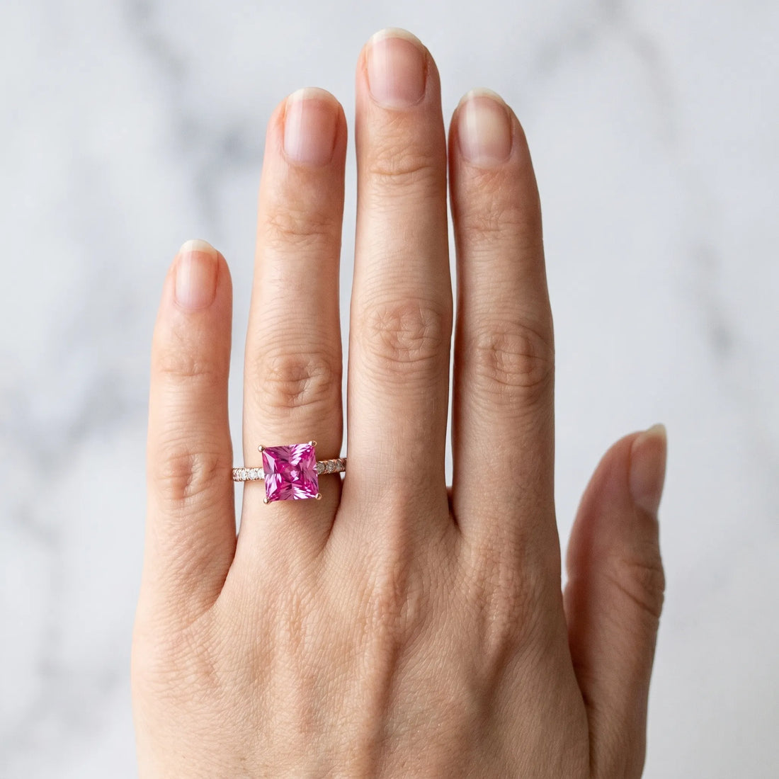 Rose gold Princess Cut Pink Sapphire Solitaire Ring with Round  Pavé Band and Four-Prong Setting_78