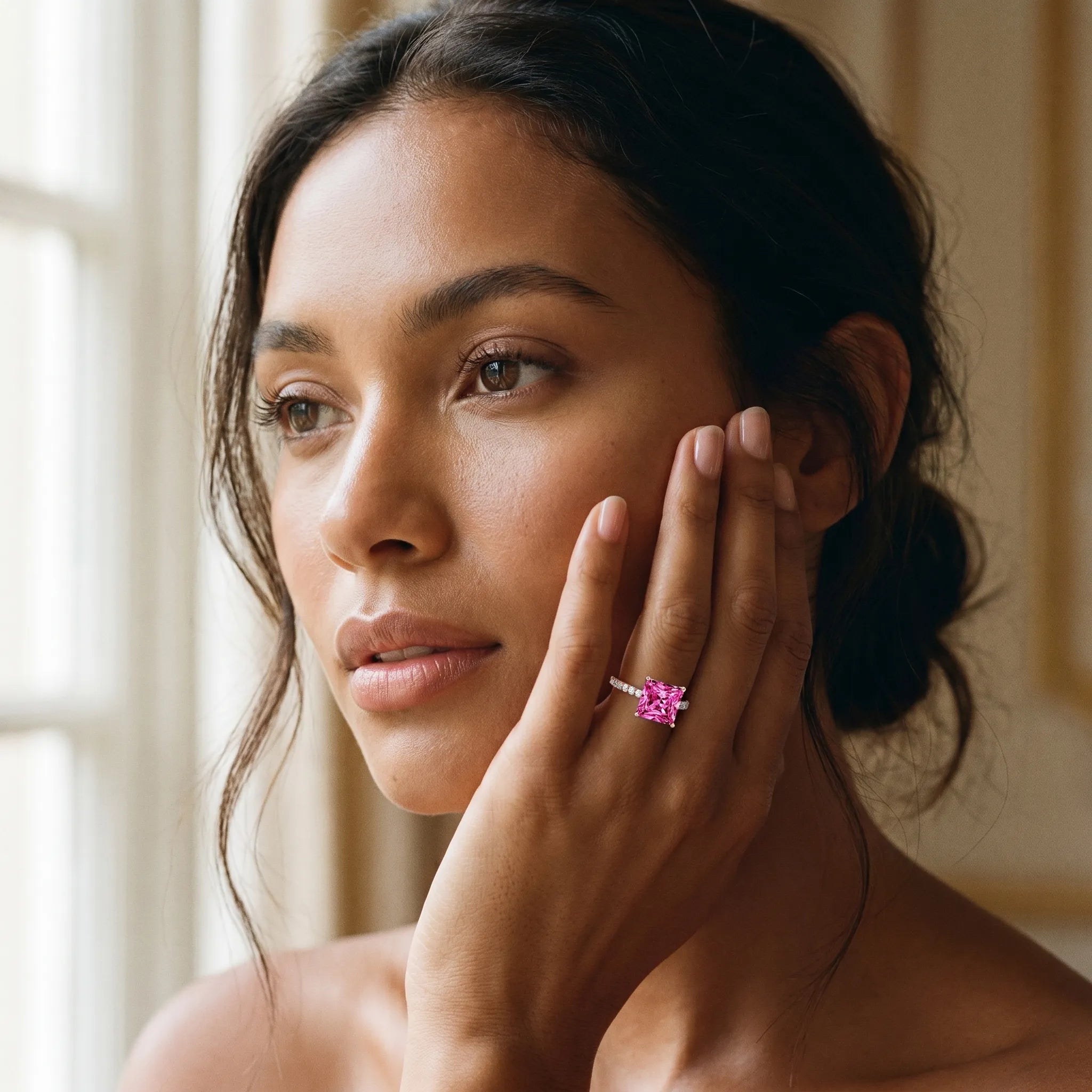 Rose gold Princess Cut Pink Sapphire Solitaire Ring with Round  Pavé Band and Four-Prong Setting_79