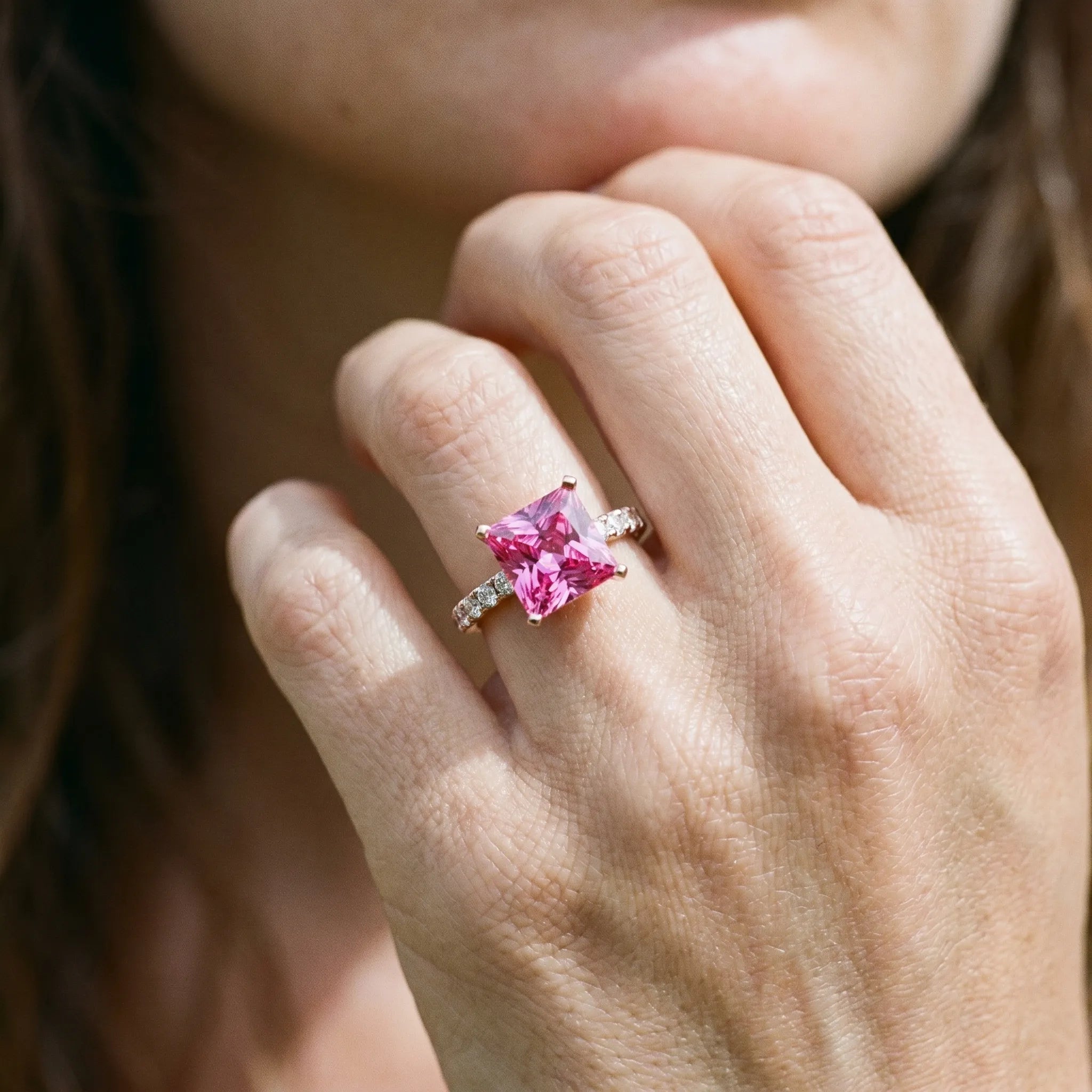 Rose gold Princess Cut Pink Sapphire Solitaire Ring with Round  Pavé Band and Four-Prong Setting_80