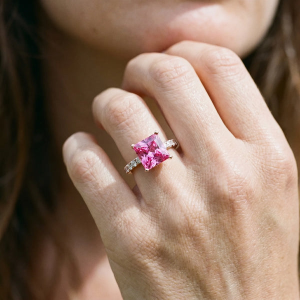 Rose gold Princess Cut Pink Sapphire Solitaire Ring with Round  Pavé Band and Four-Prong Setting