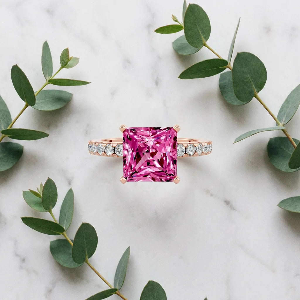 Rose gold Princess Cut Pink Sapphire Solitaire Ring with Round  Pavé Band and Four-Prong Setting_81