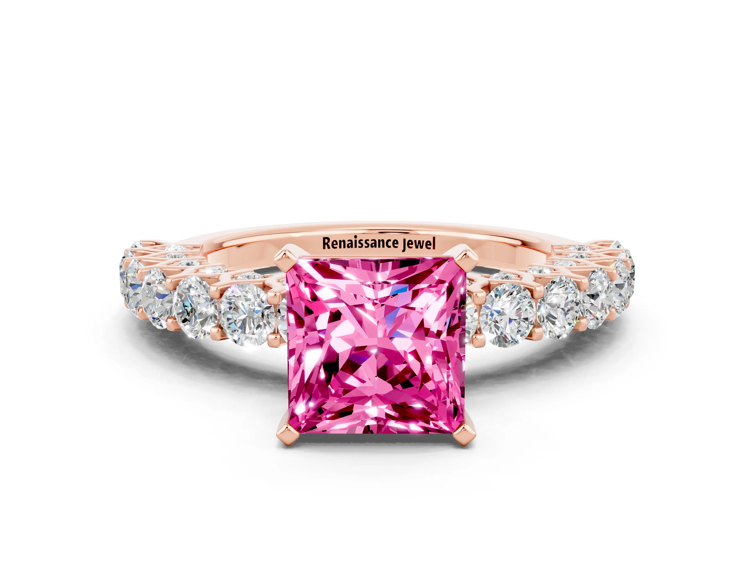Rose gold Princess Cut Pink Sapphire Solitaire Ring with Shared Prong Pavé Band and Four-Prong Setting