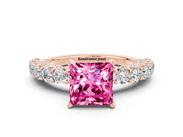 Rose gold Princess Cut Pink Sapphire Solitaire Ring with Shared Prong Pavé Band and Four-Prong Setting