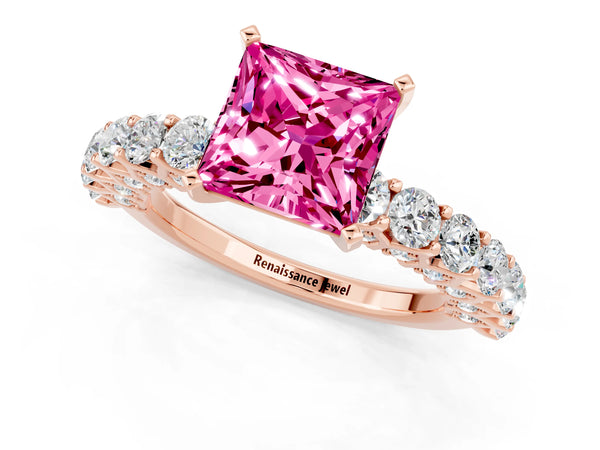 Rose gold Princess Cut Pink Sapphire Solitaire Ring with Shared Prong Pavé Band and Four-Prong Setting