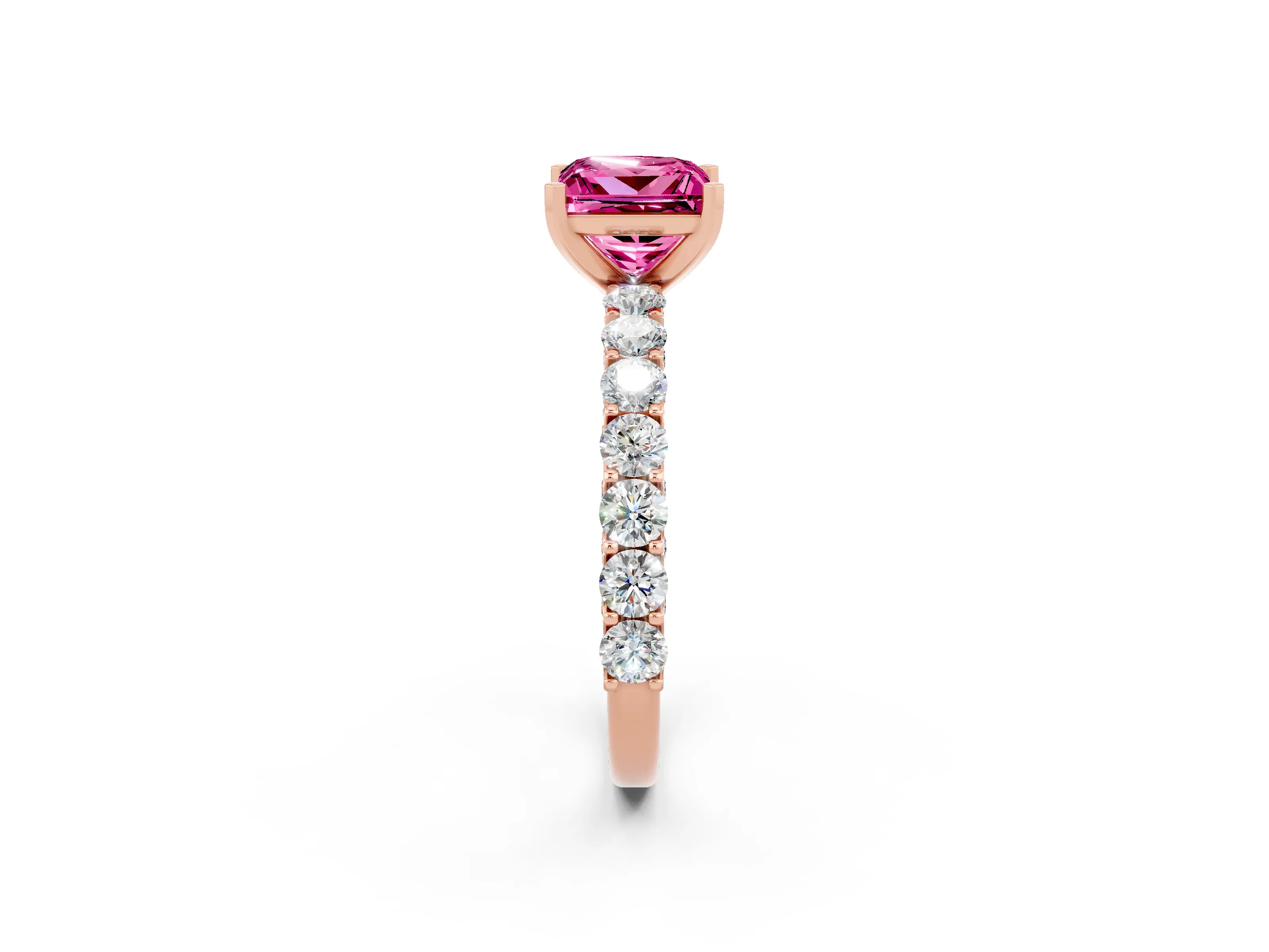 Rose gold Princess Cut Pink Sapphire Solitaire Ring with Shared Prong Pavé Band and Four-Prong Setting_2
