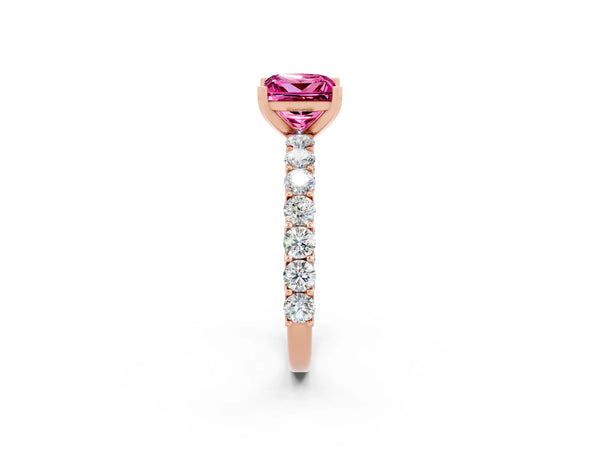 Rose gold Princess Cut Pink Sapphire Solitaire Ring with Shared Prong Pavé Band and Four-Prong Setting