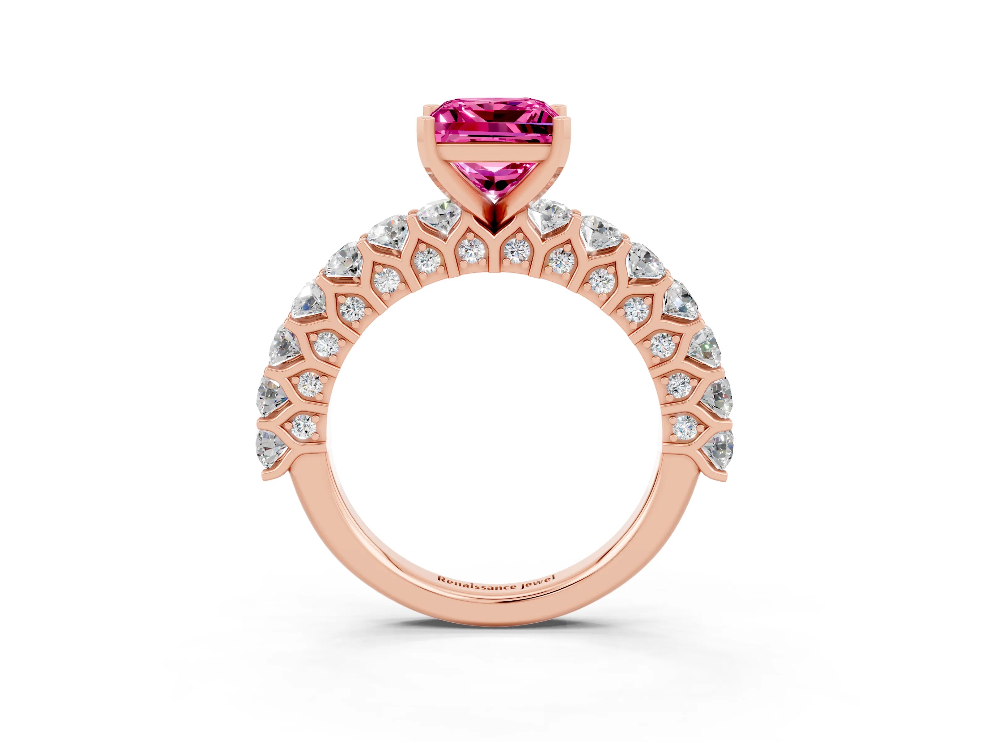 Rose gold Princess Cut Pink Sapphire Solitaire Ring with Shared Prong Pavé Band and Four-Prong Setting_3