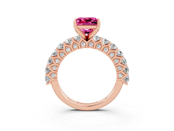 Rose gold Princess Cut Pink Sapphire Solitaire Ring with Shared Prong Pavé Band and Four-Prong Setting