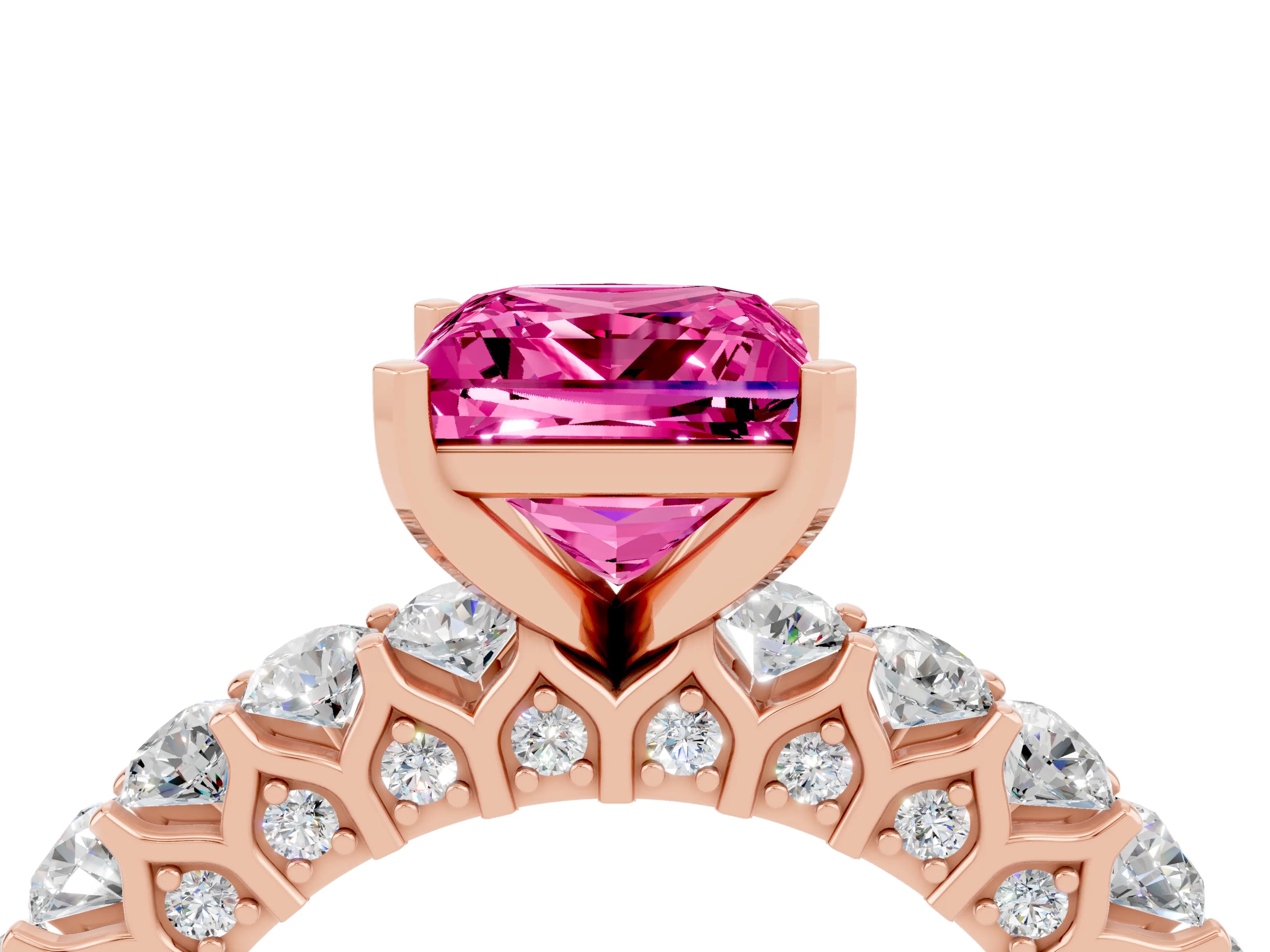 Rose gold Princess Cut Pink Sapphire Solitaire Ring with Shared Prong Pavé Band and Four-Prong Setting_4