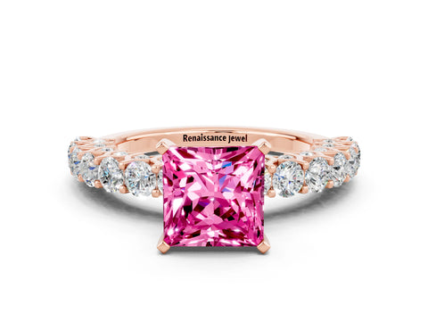 Rose gold Princess Cut Pink Sapphire Solitaire Ring with Shared Prong Pavé Band and Four-Prong Setting