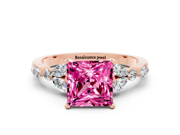 Rose gold Princess Cut Pink Sapphire Solitaire Ring with Side Stones and Four-Prong Setting