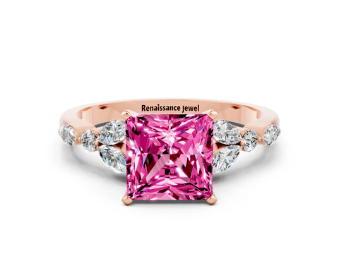 Rose gold Princess Cut Pink Sapphire Solitaire Ring with Side Stones and Four-Prong Setting_12