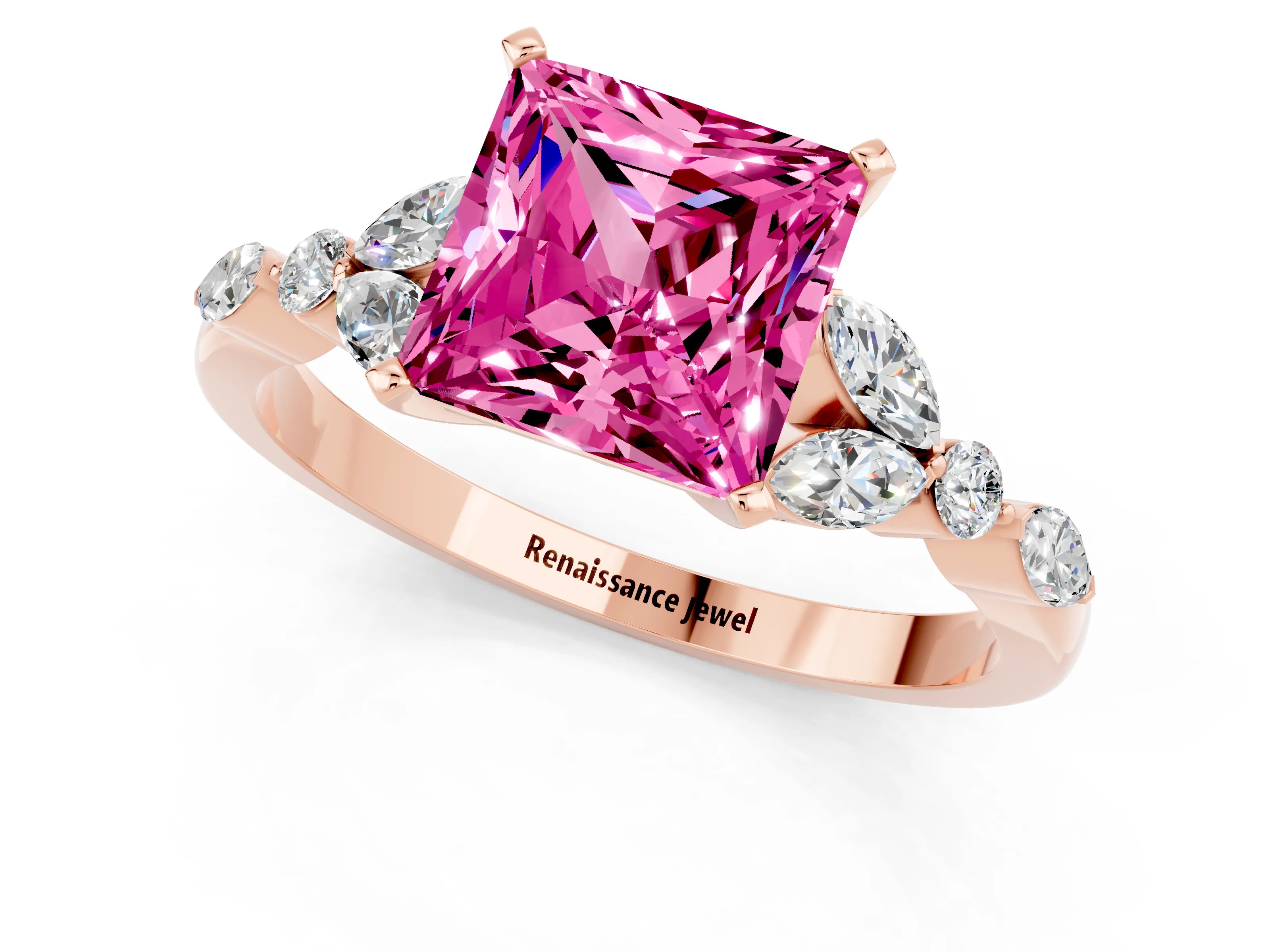 Rose gold Princess Cut Pink Sapphire Solitaire Ring with Side Stones and Four-Prong Setting_13