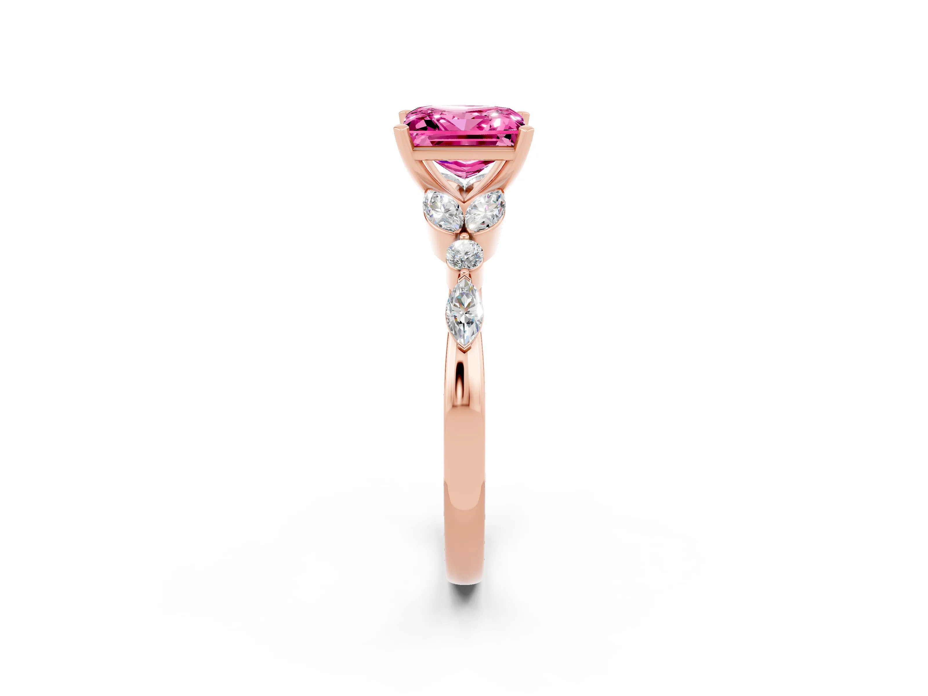 Rose gold Princess Cut Pink Sapphire Solitaire Ring with Side Stones and Four-Prong Setting_14