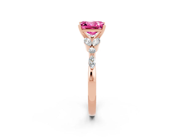 Rose gold Princess Cut Pink Sapphire Solitaire Ring with Side Stones and Four-Prong Setting