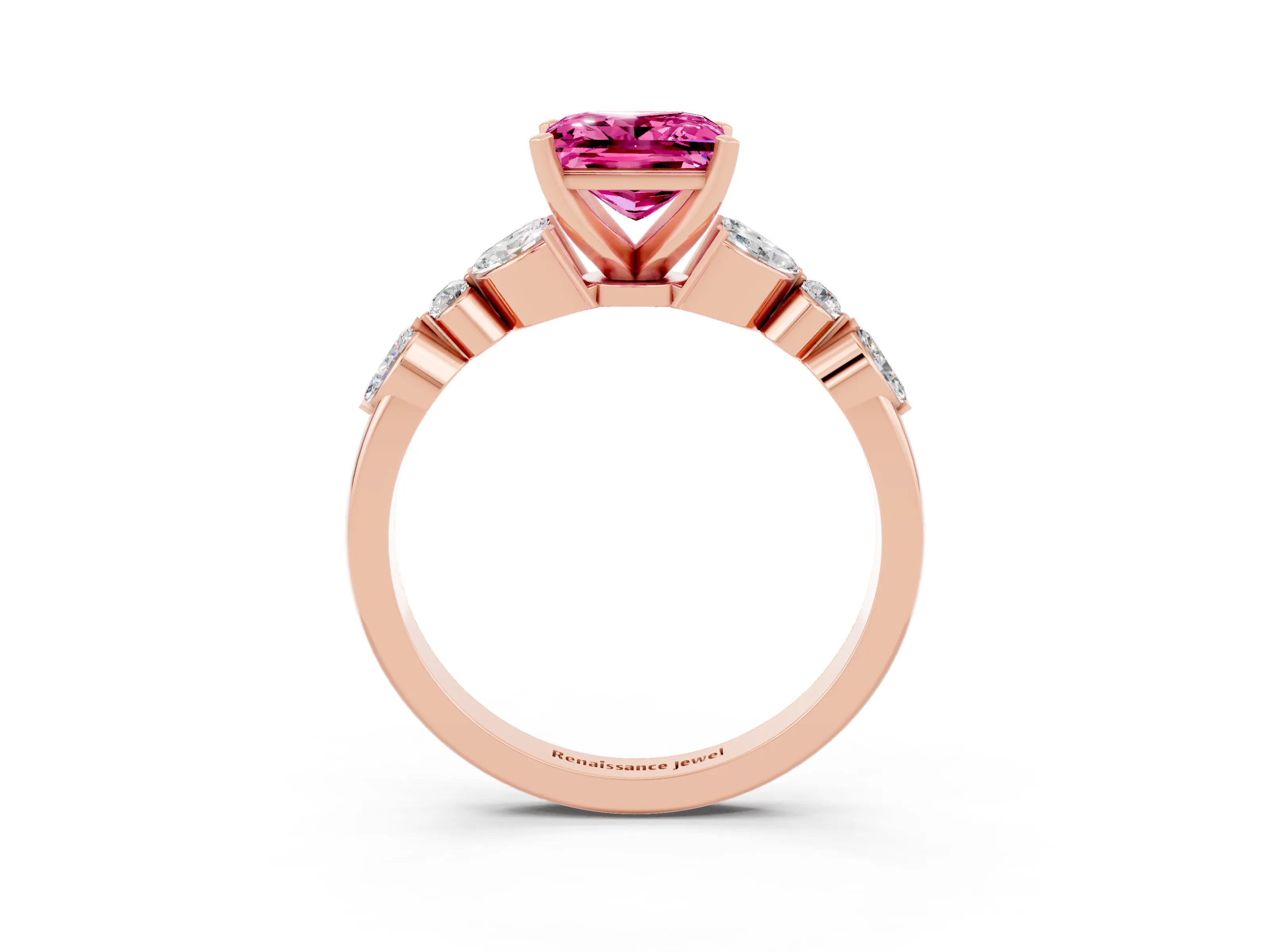 Rose gold Princess Cut Pink Sapphire Solitaire Ring with Side Stones and Four-Prong Setting_15