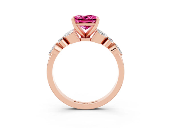 Rose gold Princess Cut Pink Sapphire Solitaire Ring with Side Stones and Four-Prong Setting