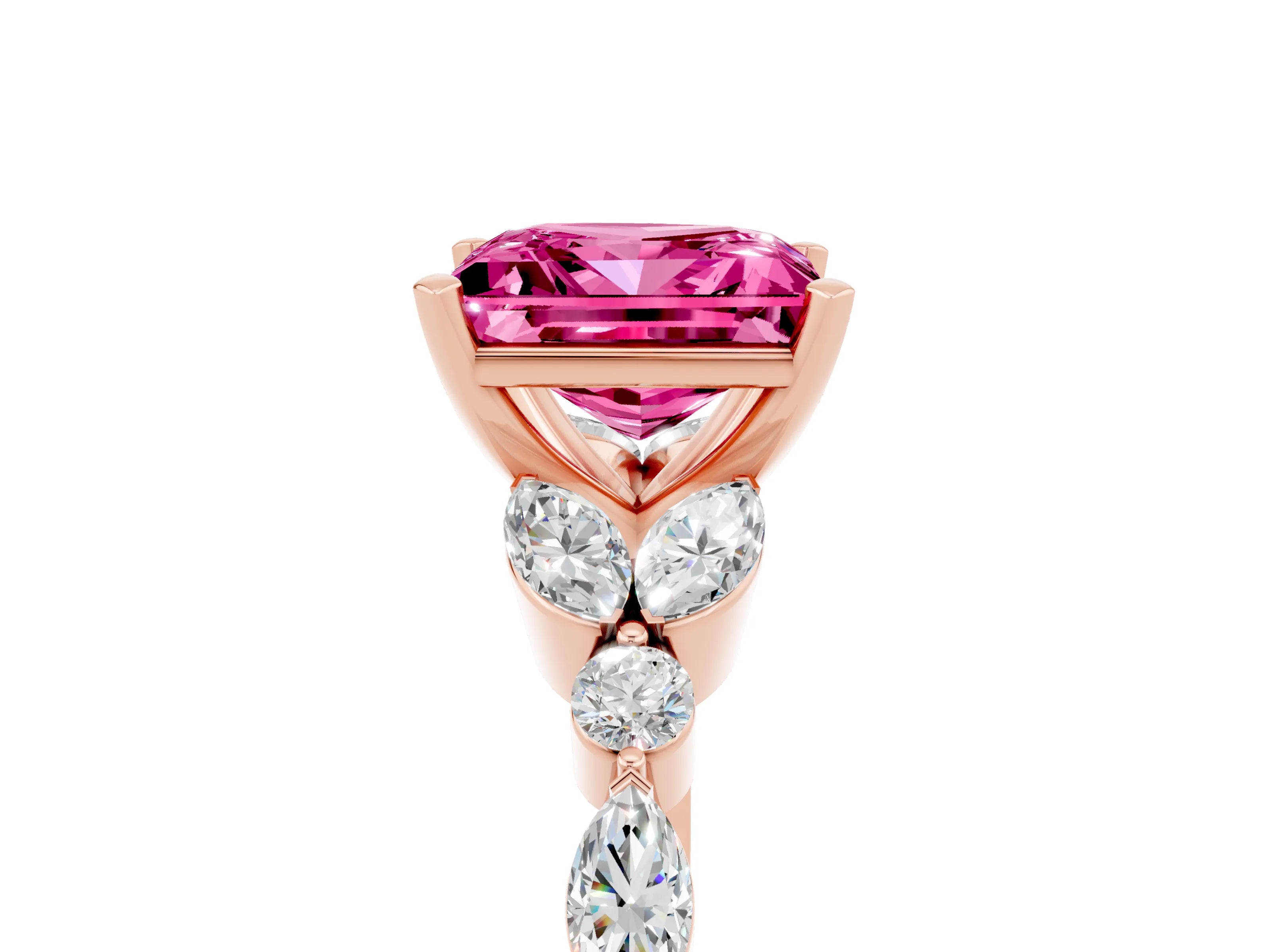 Rose gold Princess Cut Pink Sapphire Solitaire Ring with Side Stones and Four-Prong Setting_17