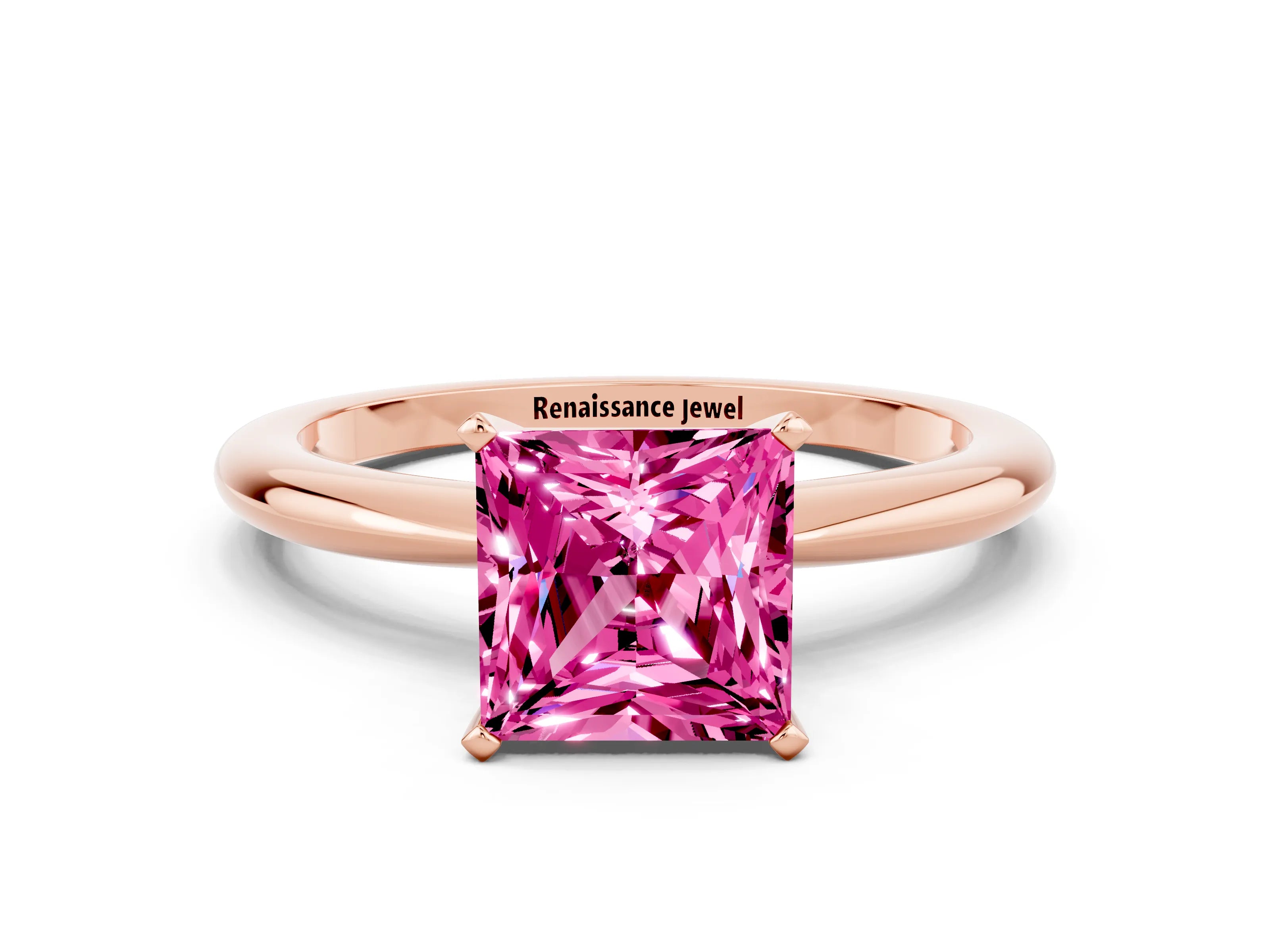 Rose gold Princess Cut Pink Sapphire Solitaire Ring with Six-Prong Setting and Classic Band