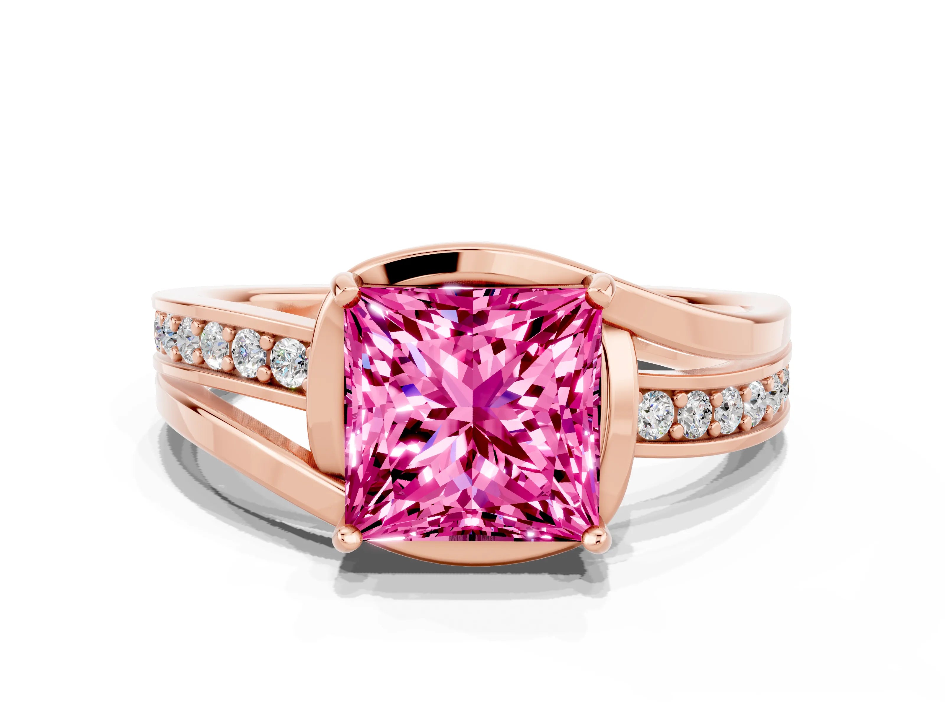 Rose gold Princess Cut Pink Sapphire Solitaire Ring with Split Shank and Prong Setting