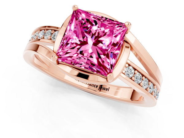 Rose gold Princess Cut Pink Sapphire Solitaire Ring with Split Shank and Prong Setting