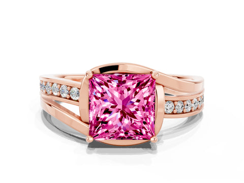 Rose gold Princess Cut Pink Sapphire Solitaire Ring with Split Shank and Prong Setting