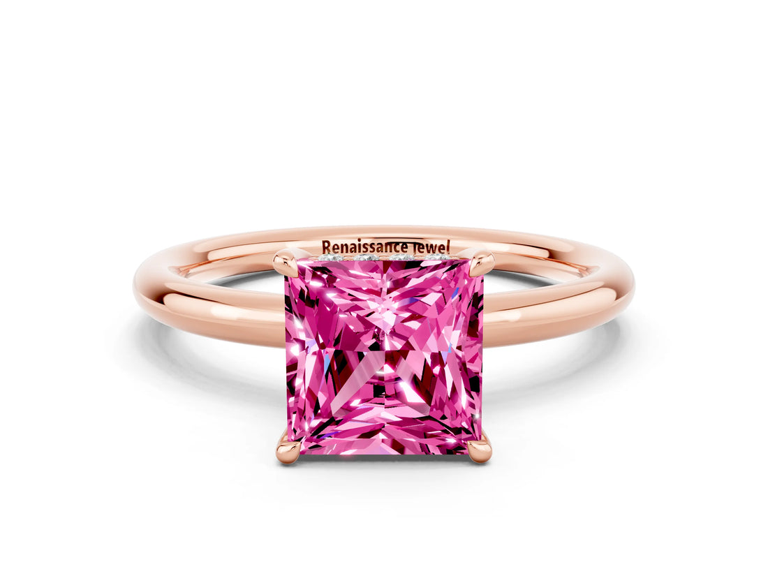 Rose gold Princess Cut Pink Sapphire Solitaire Ring with Thin Band and Four-Prong Setting_24