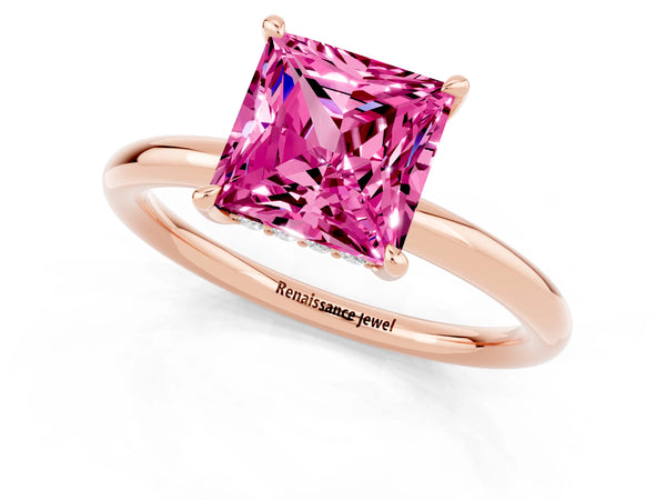 Rose gold Princess Cut Pink Sapphire Solitaire Ring with Thin Band and Four-Prong Setting