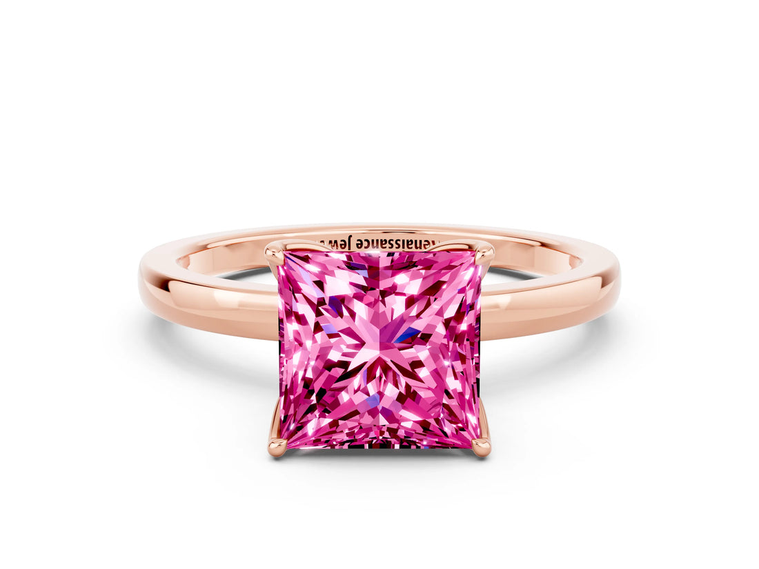 Rose gold Princess Cut Pink Sapphire Solitaire Ring with Thin Band and Prong Setting_12