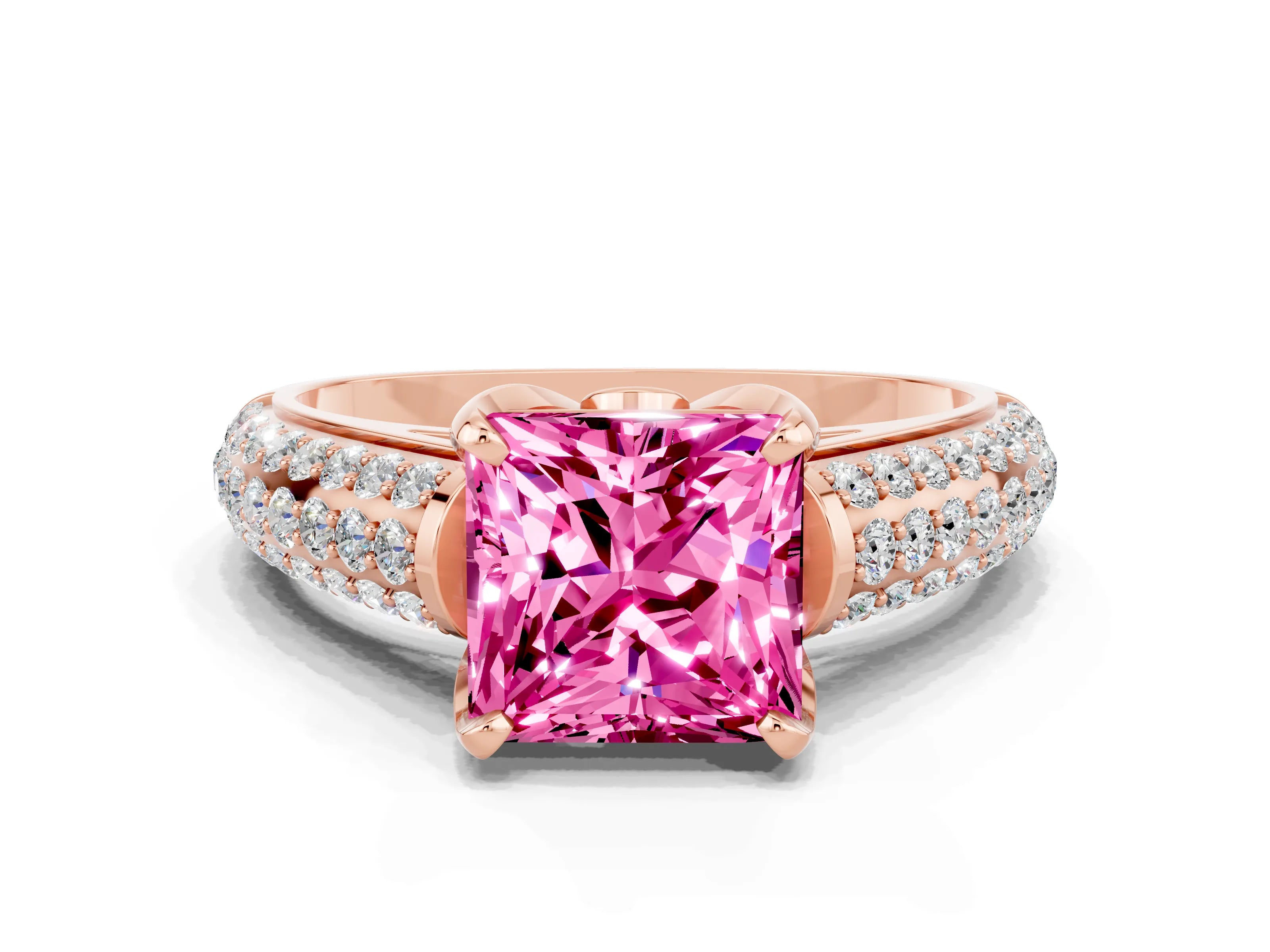 Rose gold Princess Cut Pink Sapphire Solitaire Ring with Three-Row Pavé Band and Four-Prong Setting_12