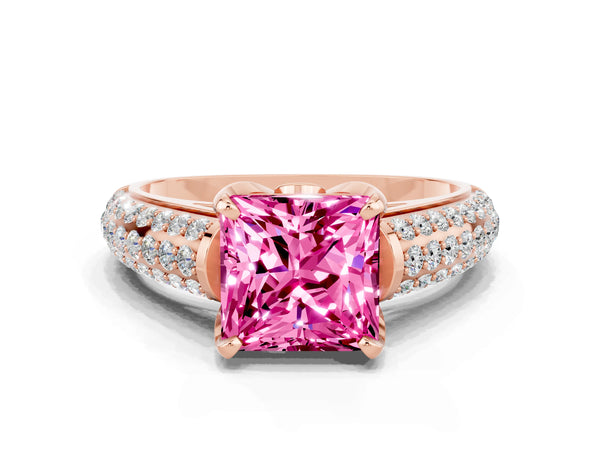 Rose gold Princess Cut Pink Sapphire Solitaire Ring with Three-Row Pavé Band and Four-Prong Setting
