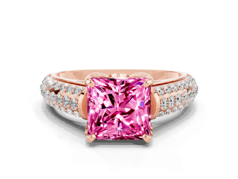 Rose gold Princess Cut Pink Sapphire Solitaire Ring with Three-Row Pavé Band and Four-Prong Setting_12