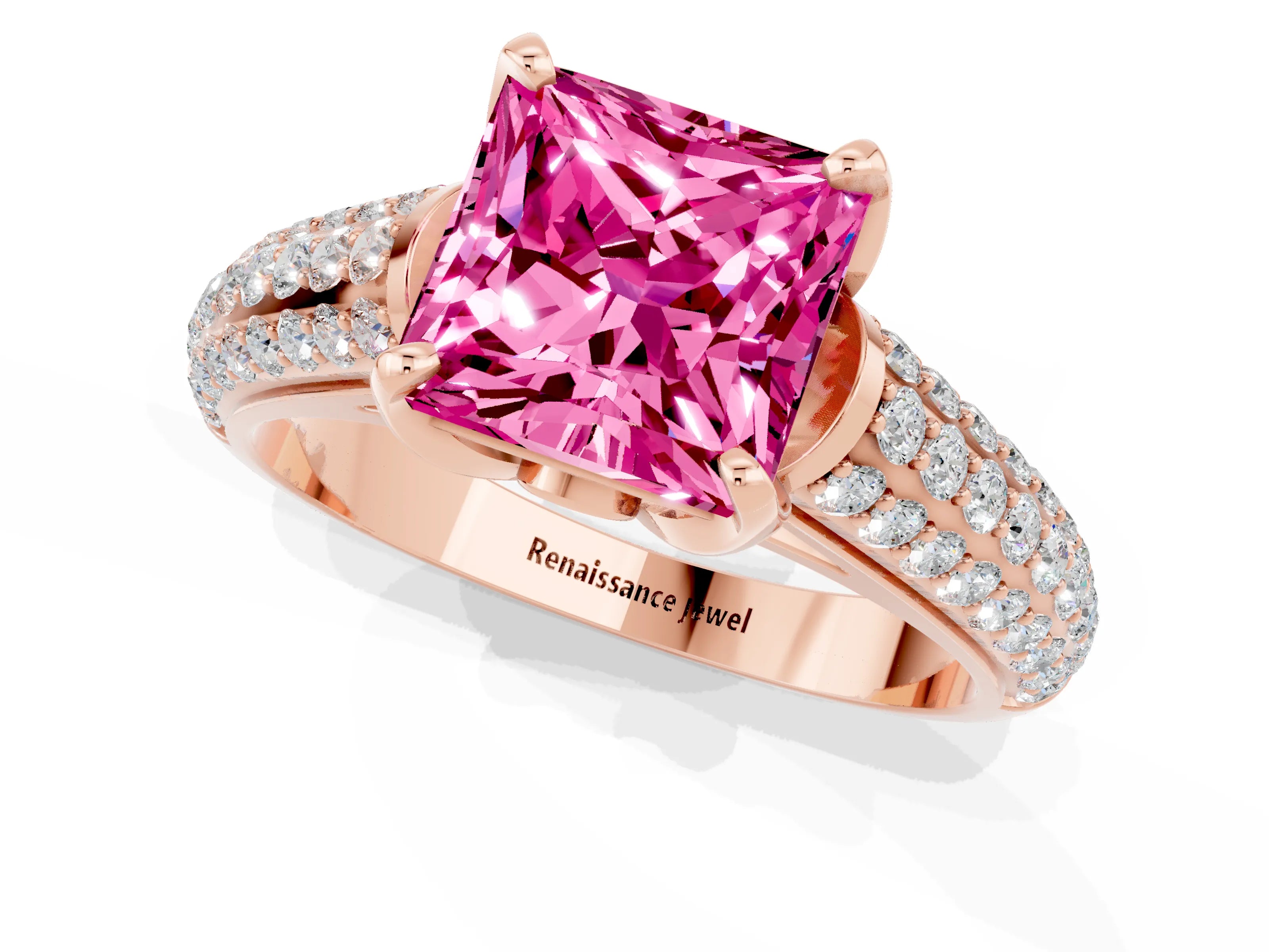 Rose gold Princess Cut Pink Sapphire Solitaire Ring with Three-Row Pavé Band and Four-Prong Setting_13