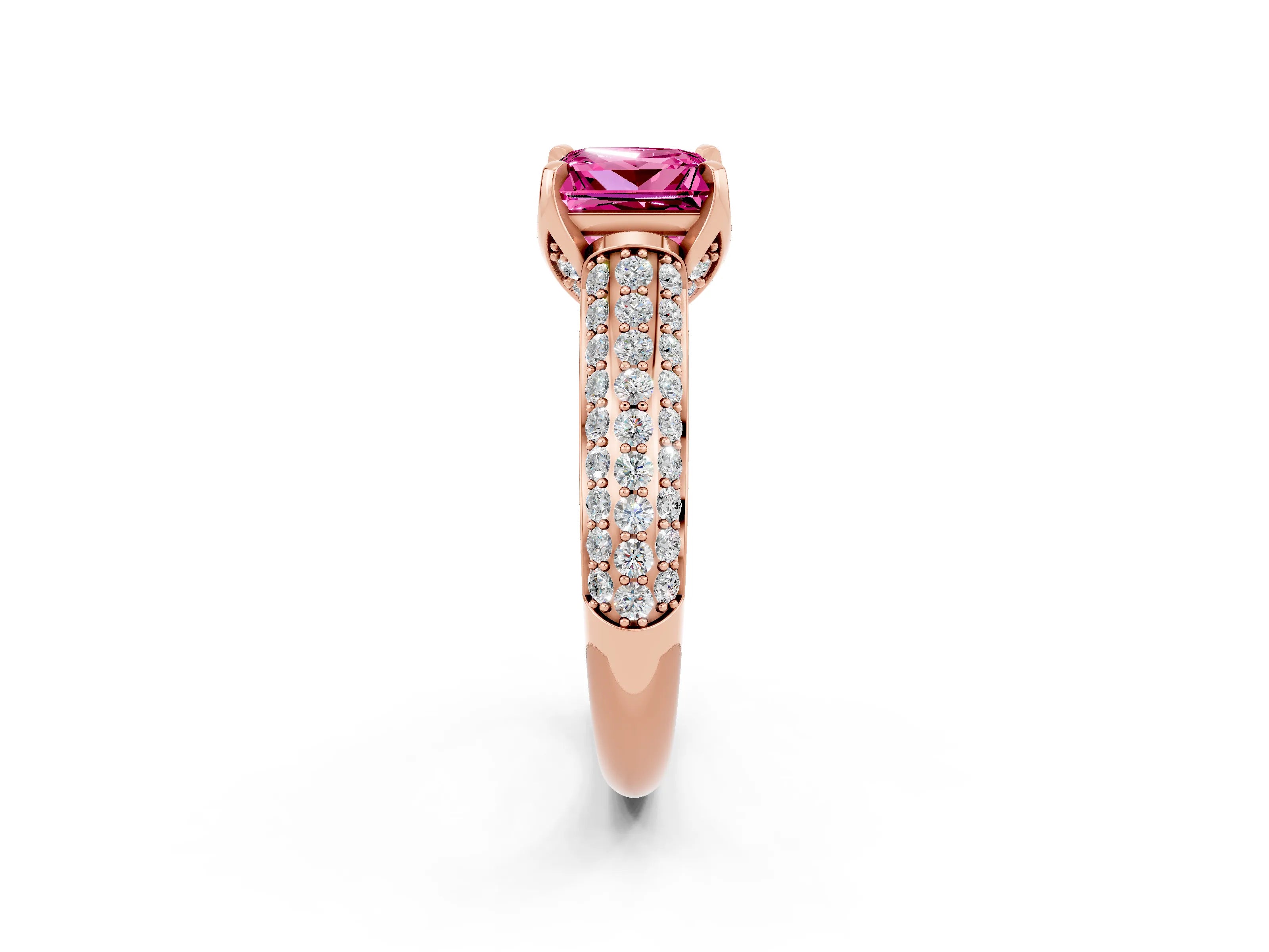 Rose gold Princess Cut Pink Sapphire Solitaire Ring with Three-Row Pavé Band and Four-Prong Setting_14